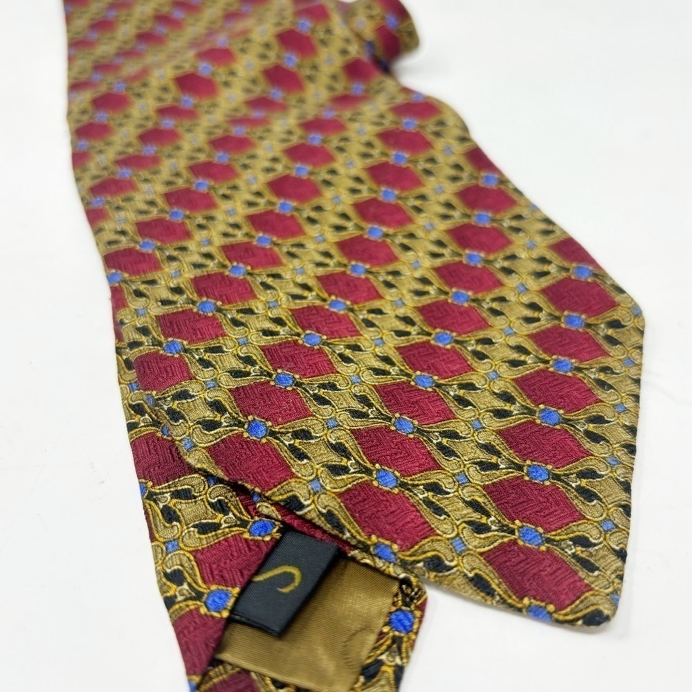ROBERT TALBOTT STUDIO Men’s Maroon Blue Scroll Print Silk Hand Made Tie USA 59”